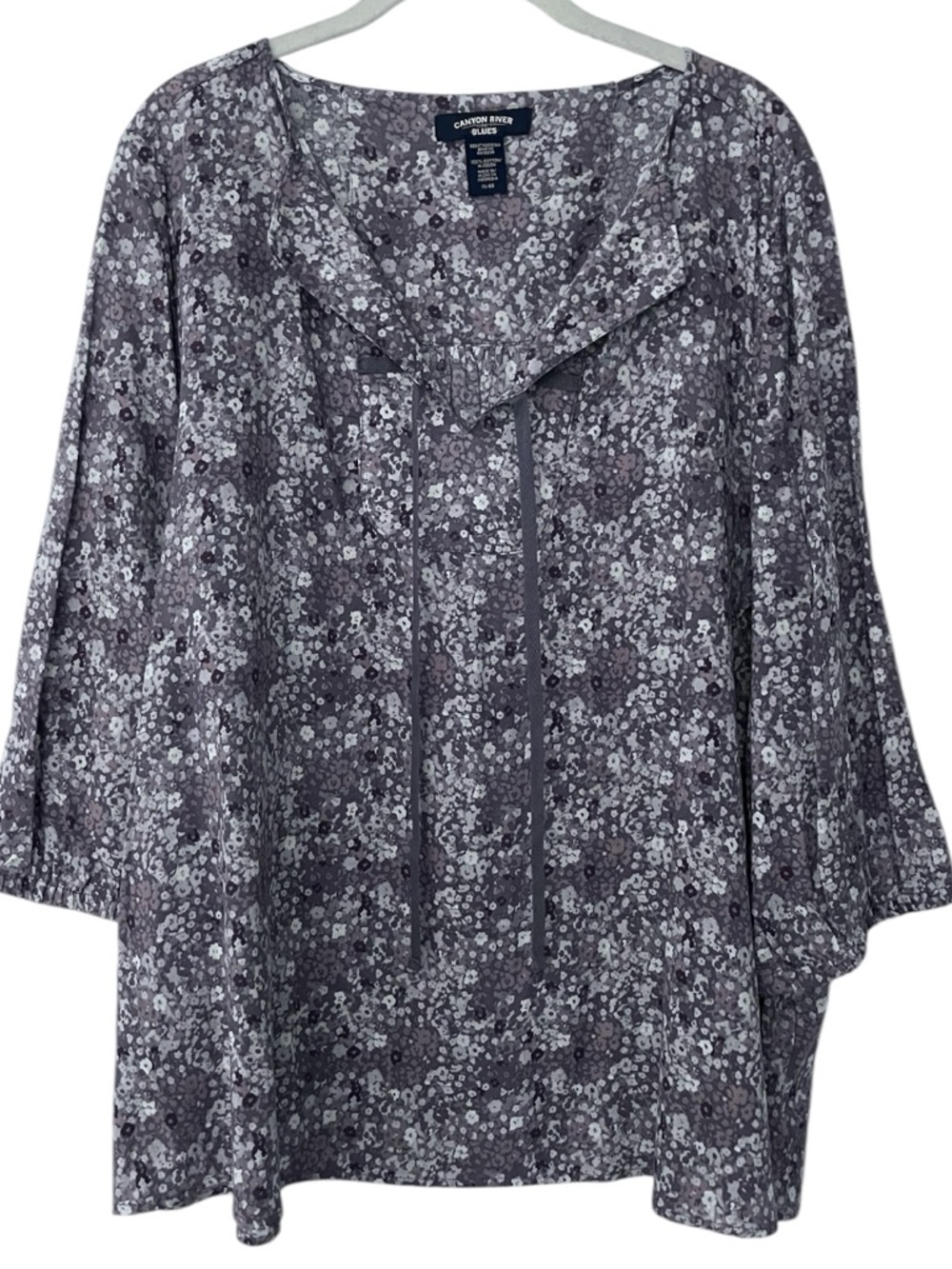 Canyon River Blues 100% Cotton Soft Gray Brown Floral Tie-Neck Blouse XL